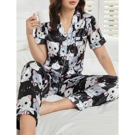 Pijama De Satín Conjunto de 2 Piezas Adulto - Estilo: Gatos
