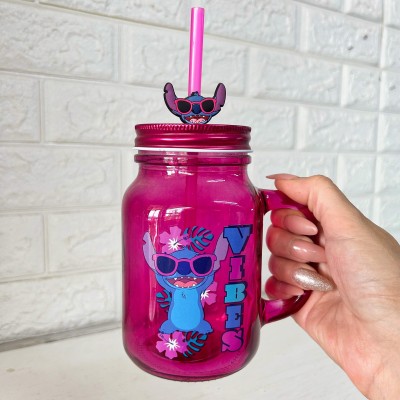 Foto de Tarro de Vidrio con tapa y popote Estilo: Stitch