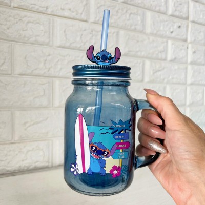 Tarro de Vidrio con tapa y popote Estilo: Stitch